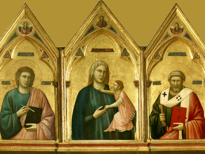 Giotto, Políptico de Badia, hacia 1300, temple sobre madera, 142x337 cm, Florencia, Galerías Uffizi