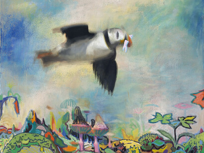 Leon Benn,
Puffin’s Lament,
2021,
Oil and fabric dye on linen,
33 x 42 inches