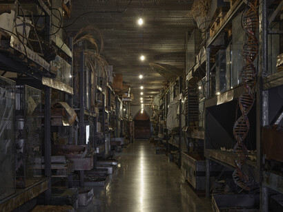 Anselm Kiefer, Arsenal, 1970-2023, industrial racks with elements of steel, lead, zinc, glass, wood, plaster, resin, terracotta, rocks, ashes, charcoal, paper, cardboard, fabric, straw, earth debris, plant residue, oil and acrylic paint, shellac, sediment of electrolysis and annealed wires, 900x900x900 cm, © Anselm Kiefer. Photo © White Cube (Theo Christelis). Courtesy the artist and White Cube Bermondsey
