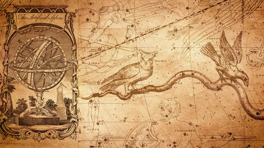 A vintage-style composition inspired by ancient star maps, featuring an armillary globe, constellations, and zodiac symbols that evoke the early age of astronomy