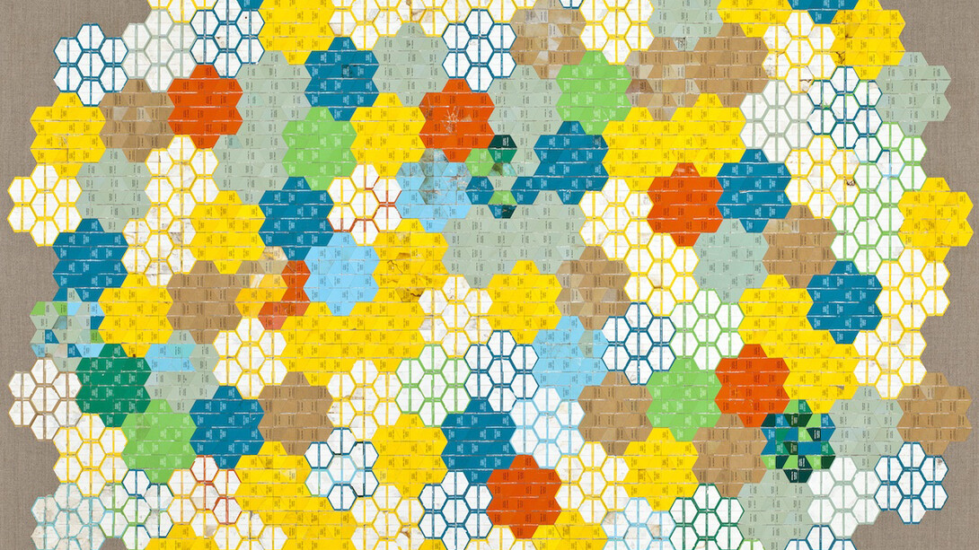 Robert Larson, American Bloom, 2014, Discarded American Spirit cigarette packaging on linen, 47.5 x 62 inches, 120.7 x 157.5 cm