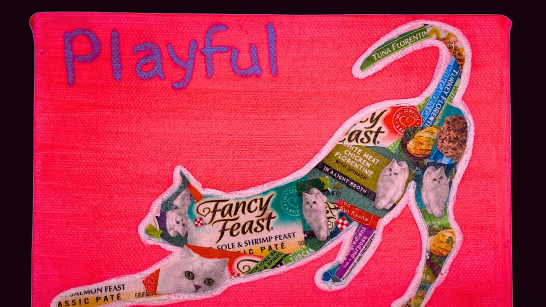 Susan Spangenberg, Playful Cat Food Kitty, 2022, Acrylic and cat food label collage on canvas,5 × 7 in | 12.7 × 17.8 cm. Courtesy of Fountain House Gallery