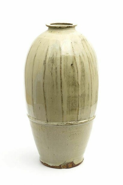 Jim Malone, Big Footed Bottle, Cut sided with an olive nuka glaze