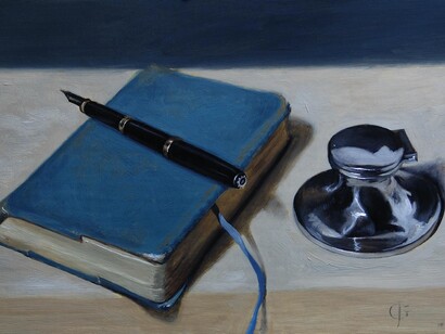 James Gillick, Pen, Book & Silver Inkwell, Signed, Oil on wood braced with brass, 7.87 x 13.2ins (20 x 33.5cm) © James Gillick
