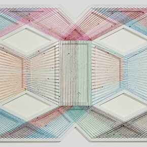 Adrina Esparza, Game Spot, 2017, Sarape, wood, nails, enamel 2-parts, 42 × 82 in, 106.7 × 208.3 cm. Courtesy of New Art Projects