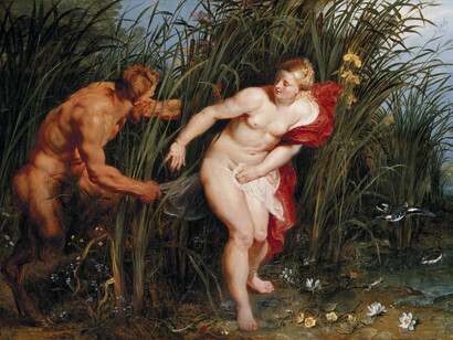 Peter Paul Rubens y Jan Brueghel el joven; Pan y Siringa, c. 1619, Museumslandschaft Hessen Kassel, Alemania (detalle)