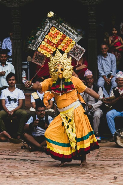 During festivals in Bhaktapur, Nepal, the Lakhe dance mesmerizes spectators with its vibrant display of traditional costumes and rhythmic movements, embodying the region's cultural heritage