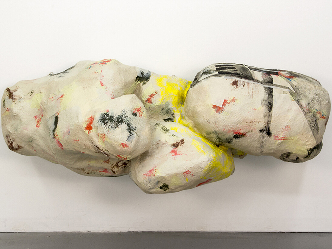 Rachael Gorchov, The Grassy Mezzanine is Behind Me, Acrylic on handmade paper mache clay, chicken wire and burlap, 15 x 45 x 19, 2014
