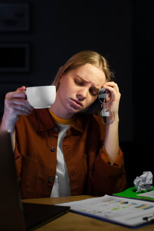 A woman working late at night with a coffee in hand, embodying hustle culture and signs of burnout