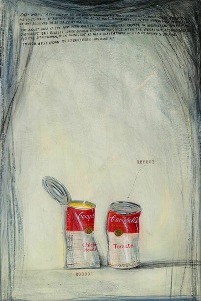 Candy Jernigan, Cambell's Soup Cans #00001-00002, c. 1987, Oil on board, Board: 30 x 20 inches (76.2 x 50.8 cm), Frame: 32 7/8 x 23 x 1 1/2 inches (83.5 x 58.4 x 3.8 cm)