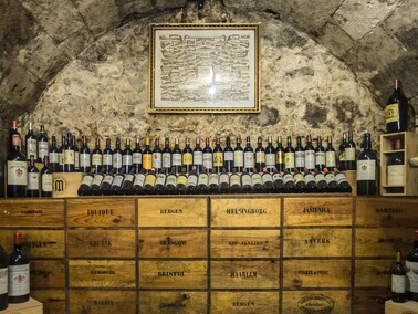 Wine bottles neatly arranged in the cellar