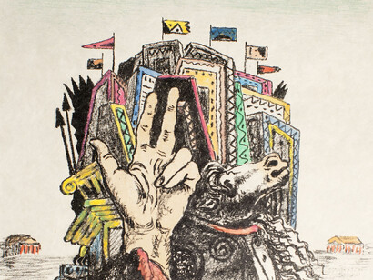 Giorgio de Chirico, Trofeo, 1969. Litografia colorata a mano dall'artista. Courtesy of 29 Arts in Progress gallery