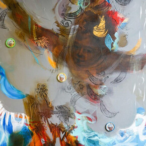 Scherezade García, "De isla a isla," 2015 (detail). 72" x 48". Acrylic, charcoal, paint on canvas. Courtesy of The National Museum of Mexican Art in Chicago
