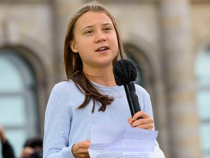 Greta Thunberg, climate activist, speaks at the climate strike in front of the Reichstag in Berlin, Germany