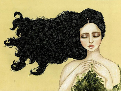 Illustration of Lizzie Siddal, the muse of the Pre-Raphaelites, by Daniela Matarazzo (2015), created using mixed media on paper