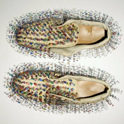 Fingerprint Pin Golf Shoes (detail), Stay Curious, 2024. Courtesy of the artist and Ivy Brown Gallery