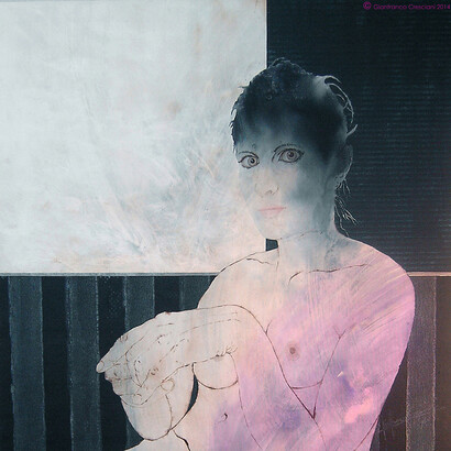 Gianfranco Cresciani, Ilaria 01, 80 x 80 cm, inchiostri ed acquarelli, acrilici ed olio su tela, 2014