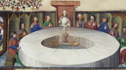Os cavaleiros do Rei Artur, reunidos na Távola Redonda, têm uma visão do Santo Graal