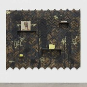 Rashid Johnson, Senior Soul, 2013, Branded red oak flooring, black soap, wax, shea butter, books, vinyl, spray enamel, 198.1 x 246.4 x 30.5 cm / 78 x 97 x 12 in, © Rashid Johnson, Courtesy the artist and Hauser & Wirth, Photo: Martin Parsekian