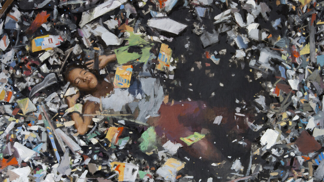 Ophelia of the Ganges / Ofelia del Ganges, 2010, oil on canvas mounted on panel, 39 3/8 x 59 inches.