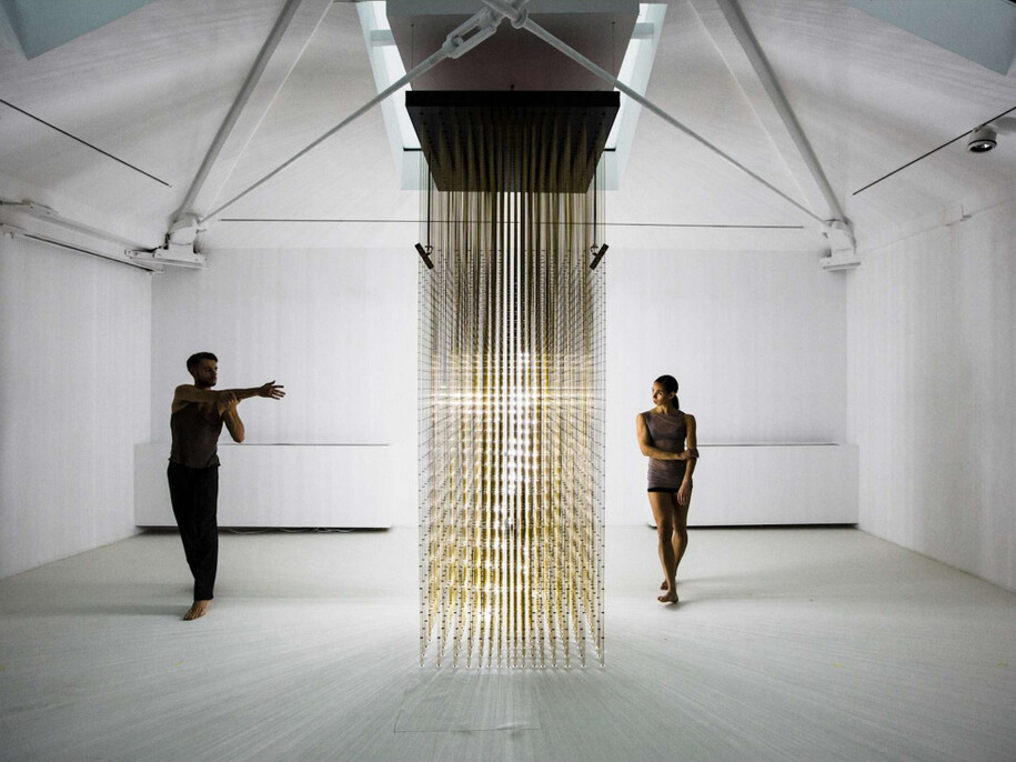 Random International, Future Self, 2012, 135.8 x 59 inches, Edition of 6, Aluminium, custom electronics, Metrilus 3D cameras, LEDs, brass rods  