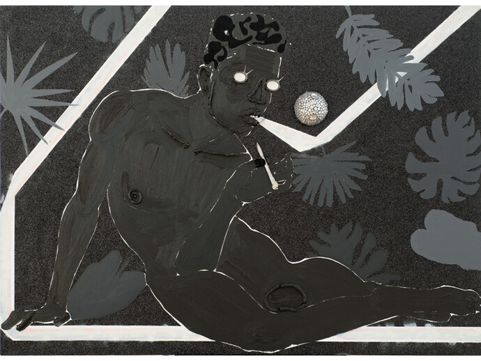 Devan Shimoyama, Adjusting to the Luminous Black, 2015
Oil, glitter, rhinestones, beads, collage on canvas
68 x 48 x 2.25in