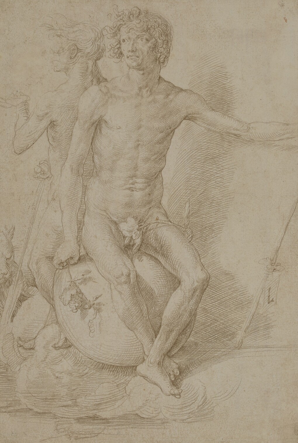 Lucas van Leyden, Two nude allegorical figures seated back-to-back on a sphere, c. 1516, silverpoint on prepared paper, 277 x 205mm © The Trustees of the British Museum