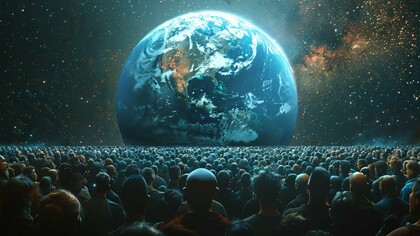 Humanity gazing up at planet Earth, emphasizing our shared planetary home and the need to unite as one global community to address our common challenges