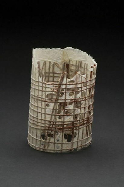 Yuko Kimura (American, b. 1968), Paper Windows no. 2, 2013, indigo dye and intaglio on pleated, washi & old book pages from Japan, 3 1/4 x 3 x 2 1/4 inches