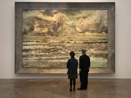 Installation view of Anselm Kiefer, German, born 1945, Von der Maas an die Memel, von der Etsch bis an den Belt (From the Maas to the Memel, from the Etsch to the Belt), 2001-2012. Acrylic, emulsion, oil, shellac and electrolysis on canvas in artist’s lead frame, 176 3/8 x 248 x 17 11/16 inches (448 x 630 x 45 cm). Photograph by Tom Loonan.