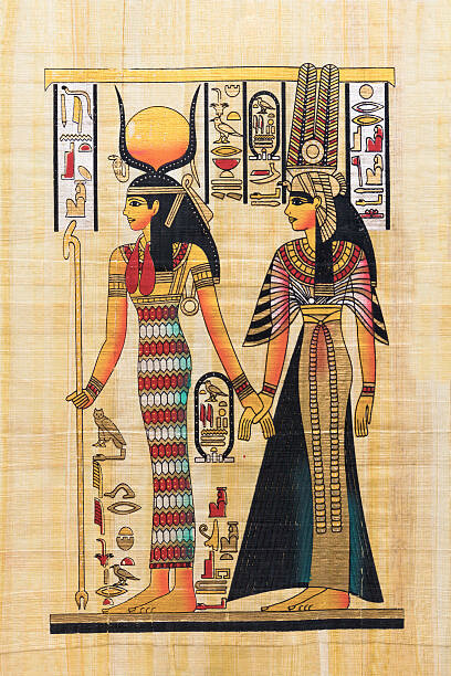 Ancient Egyptian art on papyrus often showcases figures in profile, vibrant colors, and symbolic elements, portraying gods, royalty, and significant events