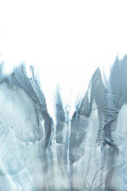 Meghann Riepenhoff, Day 391.11: mushroom spore ink + organic and inorganic pigment + Prussian Blue pigment + waves + freezing flung water + chanting (detail), 2025. Courtesy of Haines Gallery