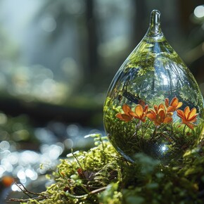 Une goutte d'eau encapsulant un écosystème, symbolisant l'interconnexion de la vie et de la nature, un thème fondamental dans les débats du Cercle de Philosophie de la Nature