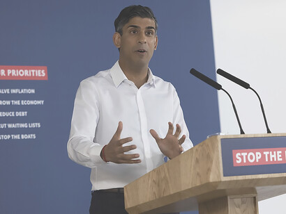 In Dover, United Kingdom, Prime Minister Rishi Sunak speaks to the press following his tour of a Border Force cutter boat in the Dover Strait. Photographed by Simon Dawson