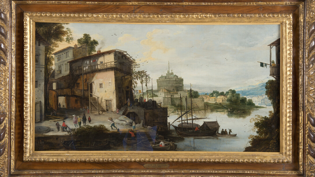 Maestro del Monograma IDM (¿círculo de Joos de Momper?), Vista de un puerto fluvial con el Castillo de Sant'Angelo, s.f. Cortesía del Museo Thyssen-Bornemisza
