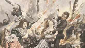 Detalle de la Portada del diario francés «Le Petit Journal», domingo 16 de mayo de 1897, donde se describen los hechos del incendio del Bazar de la Caridad de París. Biblioteca Nacional de Francia