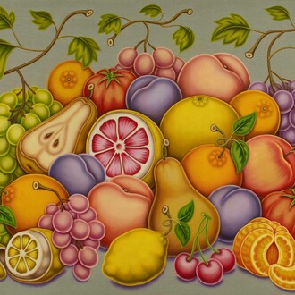 Pedro Pedro, Pile of Fruit with Grapes, Tomatoes, a Peeled Lemon and Orange. Courtesy of the artist, Art for Change and Phillips