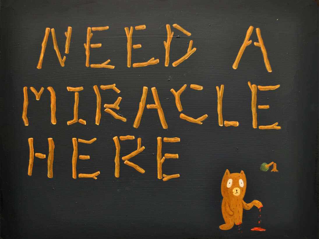 Atsushi Kaga, Need a miracle here, 2012, Acrylic on board, 28 x 35 cm / (11 x 13¾ in), Photo courtesy of the artist and mother’s tankstation, © the artist