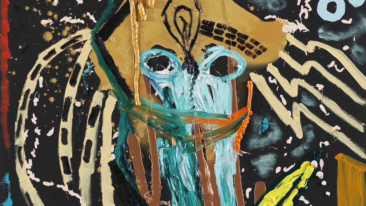 Jonathan Meese, DER GUTE KLINGSOR, CHEF (HUT'O BILL) ZEIGT IRGENDWAS DEM VATIKAN, 2014, Huile et acrylique sur toile, 210 x 140 cm / 82 ¾ x 55 1in. Courtesy Jonathan Meese et Galerie Daniel Templon, Paris. Photo Jan Bauer (detail)