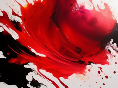 A dynamic abstract painting blending red and black, anchored by the word red at the bottom, capturing the essence of raw emotion and fury