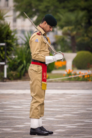 Pakistani Army honor guards stand in formation during an official ceremony at Aiwan-e-Sadr, the Presidential Palace