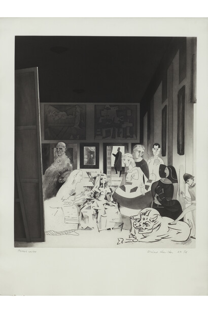 Richard Hamilton, Picasso`s Meninas, 1973, Hard, soft-ground and stipple etching, open-bite and lift-ground aquatint, engraving, drypoint and burnishing on Rives paper Paper 75.5 x 56.7 cm / Image 57.1 x 49.1 cm, Courtesy Estate of Richard Hamilton and Alan Cristea Gallery, London