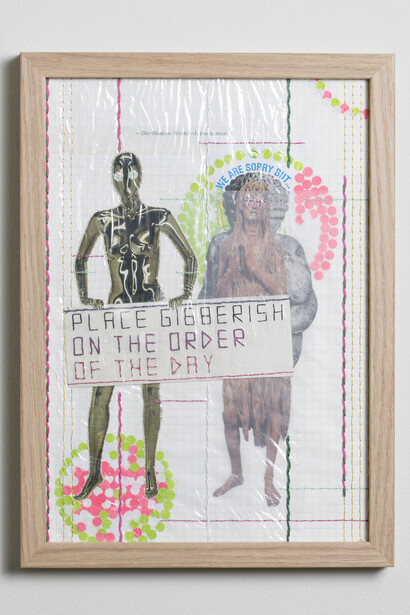 Matt Damhave, Untitled (Place Gibberish On The Order Of The Day), 2018 Paper, glue, thread, ink, plastic, images from publications 29,7 x 21 cm. Courtesy of V1 Gallery and the photographer Jan Søndergaard 