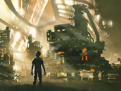 A meeting between futuristic humans and intelligent robots unfolds in a world shaped by advanced technology and machines