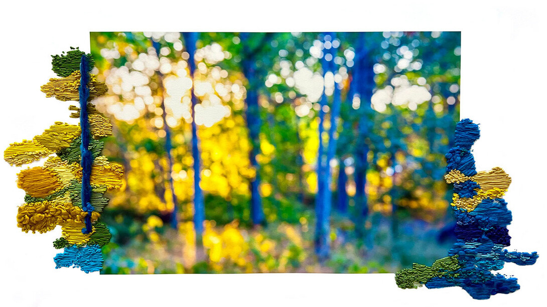 Lucia Engstrom, Home: Blue/Yellow, 2023. Hand Embroidered with Organic Wool, Silk, and Mohair; Cotton Rag Paper, 25.62 x 44.62 inches (65.1 x 113.3 cm), Edition of 3 + 1AP, each unique. Courtesy of the artist and Von Lintel Gallery