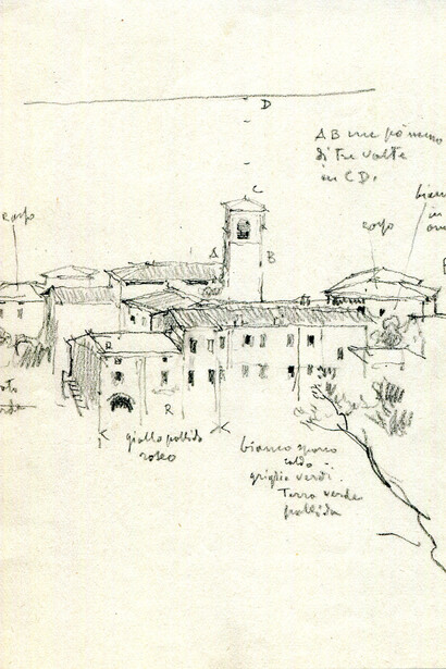Giuseppe Mentessi, Veduta di paese su un lago; matita su carta, mm. 134 x 104; Modena, collezione AssiCoop Ferrara&Modena