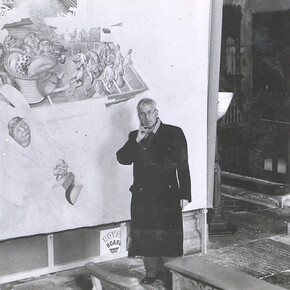 Stanley Spencer with 'Christ Preaching at Cookham Regatta', in Holy Trinity Church 1958. © Stanley Spencer Gallery Archive