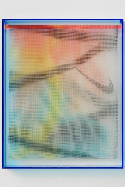 Strauss Bourque-LaFrance, "Babe, just do it." 2013, plexiglass, polyethylene mesh and spray enamel, 20.5 x 16.5 x 2.25 in., 52.1 x 41.9 x 5.7 cm