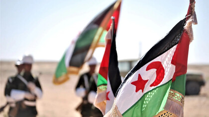 Miembros del Frente Polisario ondean la bandera de la República Árabe Saharaui Democrática