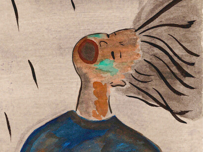 Ilustración de una víctima de los bombardeos, con el rostro marcado por lesiones y quemaduras